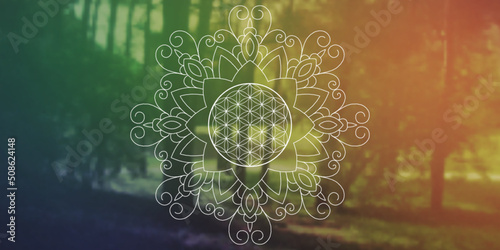 Sacred geometry zentangle inspired design template with oriental tribal ornaments. Flower of life ornamental new age art.  Meditation symbol in front of natural background.