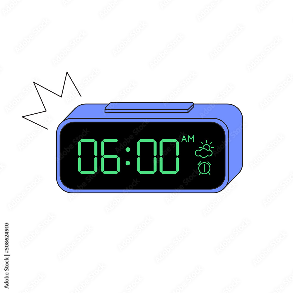 Led digital alarm clock, electronic blue device timer, reminder symbol icon  with black screen and green numbers. Vector illustration in flat cartoon  style with outline isolated on white background. Stock Vector |