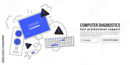 Blue screen of death or computer malfunction concept for web or ui design and ads. Malware or bug in software or program. Data recovery, computer, laptop diagnostics and software update service banner
