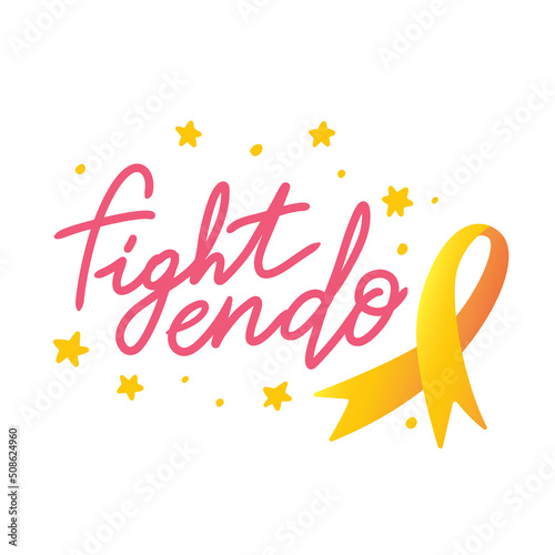 Hand drawn lettering Fight Endo with Yellow ribbon. Endometriosis Awareness Month - March