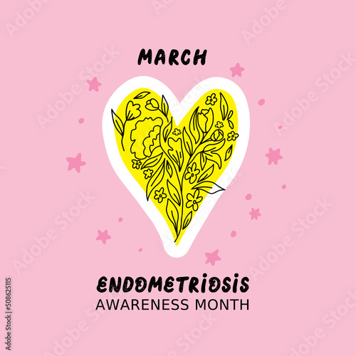 Hand drawn concept - yellow heart with flowers. Endometriosis Awareness Month - March