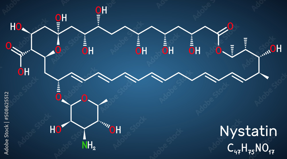 Nystatin molecule. It is polyene ionophore antifungal medication with fungicidal, fungistatic activity for treatment of Candida infections. Structural chemical formula on the dark blue background. Nystatin molecule. It is polyene ionophore antifungal medication with fungicidal, fungistatic activity for treatment of Candida infections. Structural chemical formula on the dark blue background.