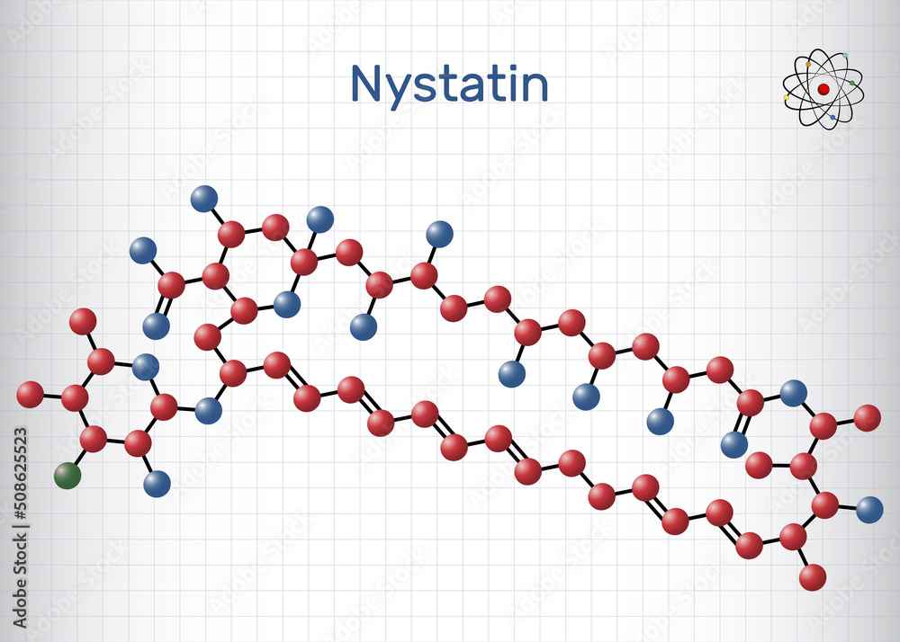 Nystatin molecule. It is polyene ionophore antifungal medication with fungicidal, fungistatic activity for treatment of Candida infections. Molecule model. Sheet of paper in a cage
