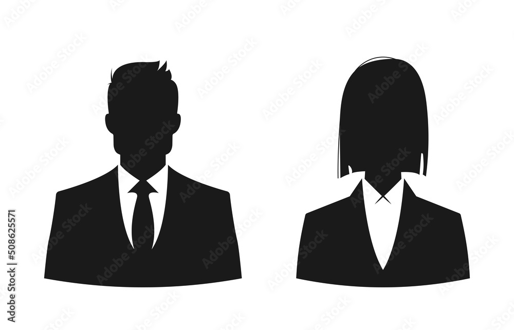 Businessman and businesswoman vector icons. Male and female black silhouettes for profile picture. Businessman and businesswoman vector icons. Male and female black silhouettes for profile picture.
