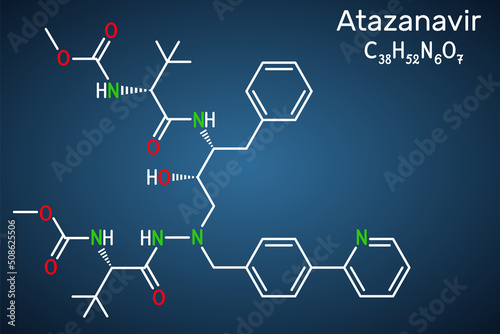 Atazanavir molecule. It is antiretroviral medication, used for the treatment of HIV. Structural chemical formula on the dark blue background