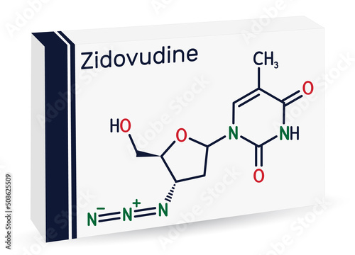 Zidovudine, ZDV, azidothymidine, AZT molecule. It is synthetic dideoxynucleoside, used in the treatment of HIV and AIDS. Structural chemical formula, molecule model. photo