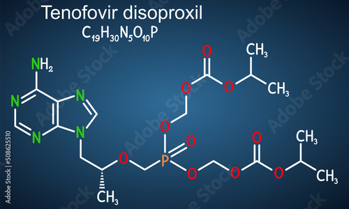 Tenofovir disoproxil molecule. It is prodrug of tenofovir, used in the treatment of hepatitis B and HIV infection. Structural chemical formula on the dark blue background