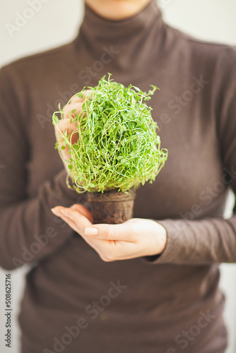 Earth day symbol. The girl holds in her hands a green plant with roots in the ground.  photo