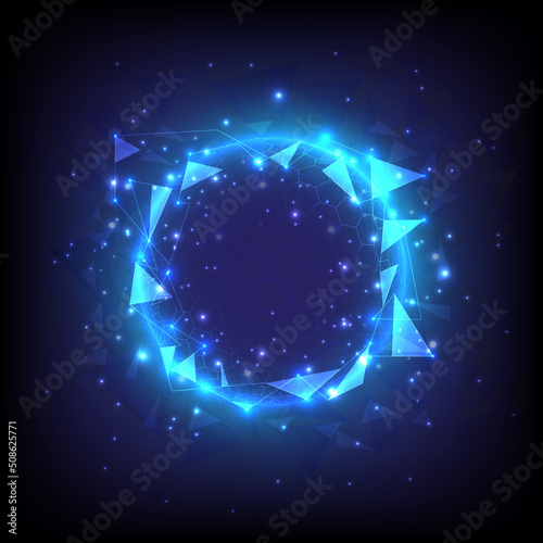 Abstract polygon background. Virtual reality barrier innovation. Futuristic hexagon interface. Power energy of circular hexagon element. Placeholder, landing page. Glowing swirl universe trail cosmic