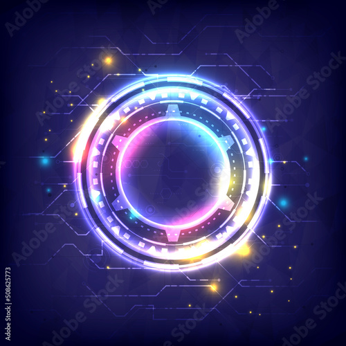 Digital particle of infographic. Futuristic Sci-Fi glowing HUD frame. Circuit board, motherboard and mainboard. Abstract hologram hi-tech background. Virtual reality holographic flare and neon effect