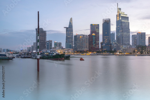 Landscape photo  View of buildings located on the Saigon River. Time  May  2022. Location  Ho Chi Minh City.  