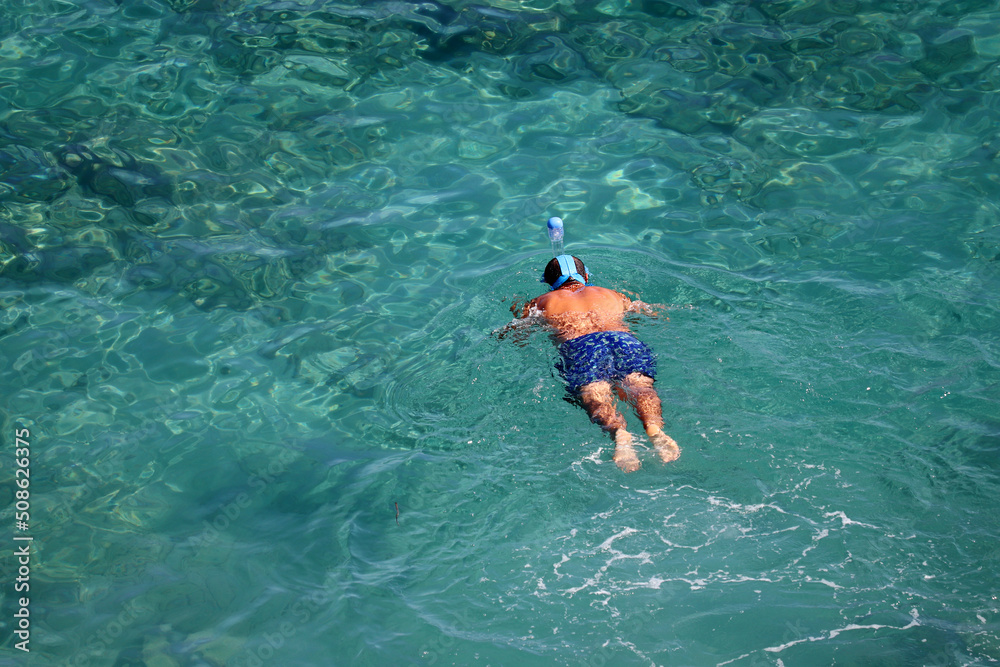 Snorkeling in the sea, beach vacation. Man in diving mask swim in a clear blue water, top view