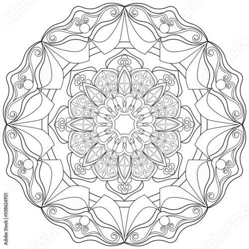 Colouring page, vector, hand drawn. Mandala 37, ethnic pattern, object isolated on white background.