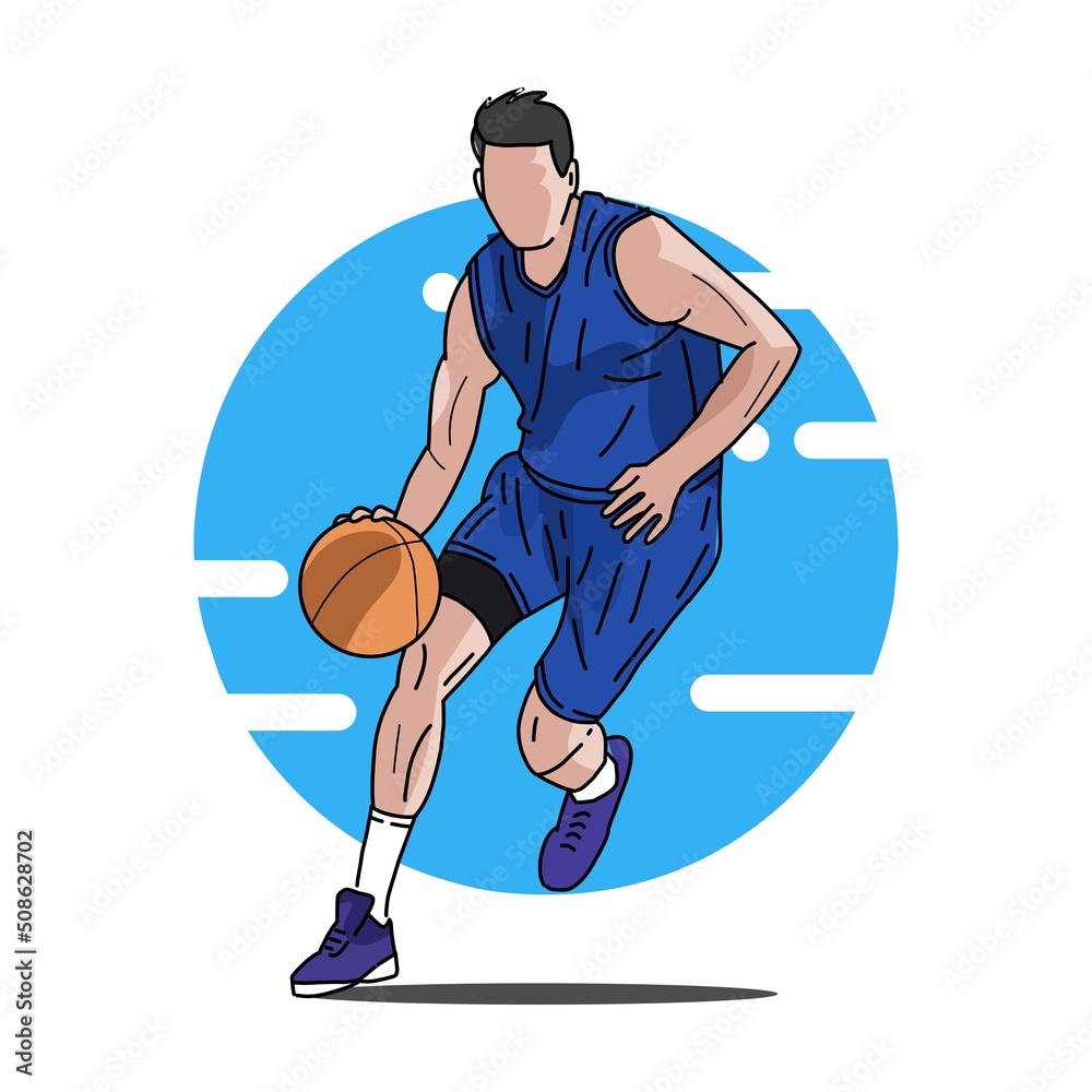 basketball player jumping with the ball. vector illustration with blue background. suitable for children's coloring book. eps file