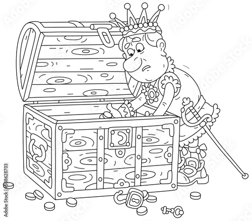 Sad greedy king counting last gold coins in a chest from his royal treasury, black and white outline vector cartoon illustration for a coloring book page