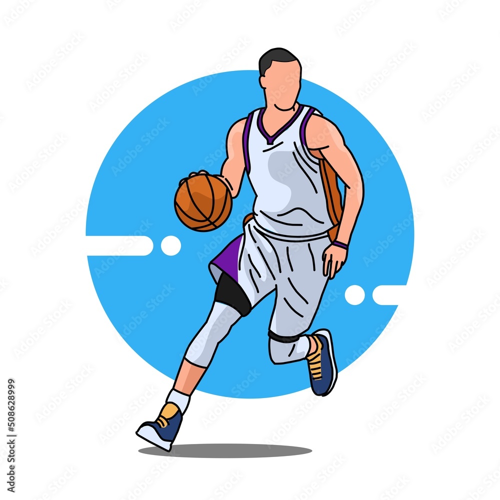 basketball player jumping with the ball. vector illustration with blue background. suitable for children's coloring book. eps file