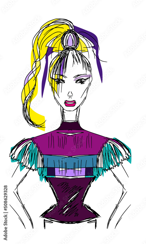 Blonde model with high ponytail and pink lips, purple hair scarf, fashion, sketch Blonde model with high ponytail and pink lips, purple hair scarf, fashion, sketch