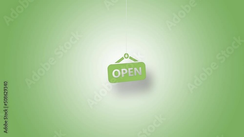 Open Sign in Yellow Hanged with String On Green Background in 4K Resolution