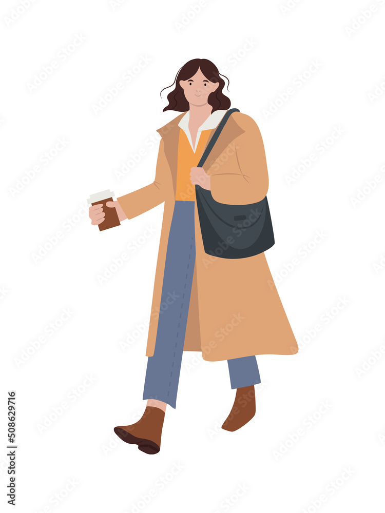 Hand drawn woman in casual clothes walking with coffee, isolated vector illustration in flat style Hand drawn woman in casual clothes walking with coffee, isolated vector illustration in flat style