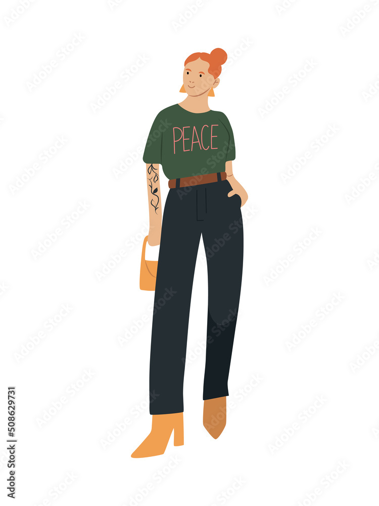 Obraz premium Hand drawn woman or teen girl in casual hipster clothes standing tall, isolated vector illustration in flat style