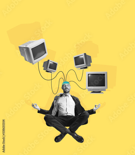 Contemporary art collage. Man, businessman's brain charge by means of energy of retro computers on yellow background. Concept of technology, ai