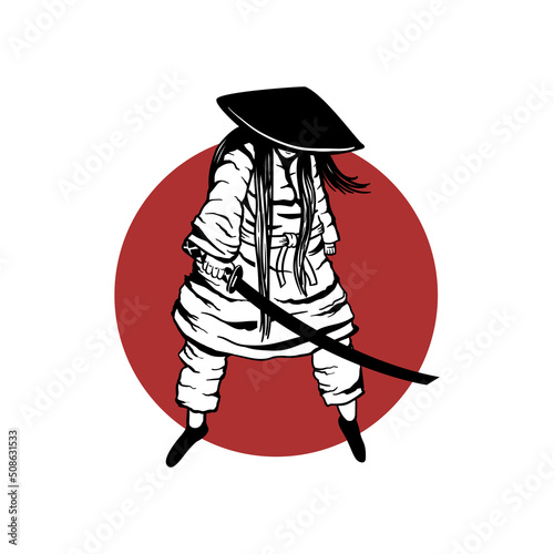 A beautiful samurai girl in Japanese armor with a katana on her shoulder, standing in profile against the red sun. 2D illustration.