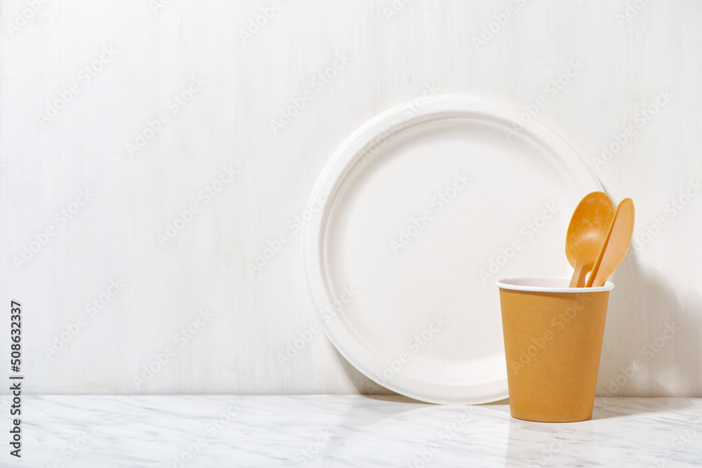 eco-friendly disposable tableware made from recycled materials on white background eco-friendly disposable tableware made from recycled materials on white background