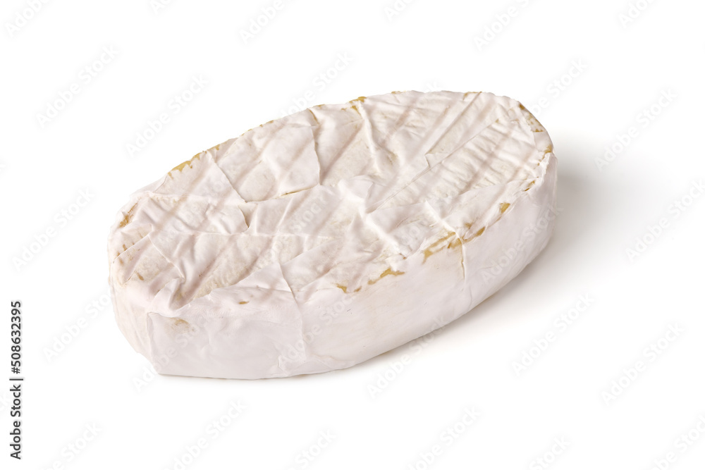 Camembert cheese, a kind of rich, soft, creamy cheese with a whitish rind, originally made near Camembert in Normandy, isolated on white background Camembert cheese, a kind of rich, soft, creamy cheese with a whitish rind, originally made near Camembert in Normandy, isolated on white background