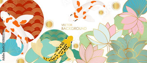 Vector poster with golden lily flowers and carp. Japanese poster. Line art style.