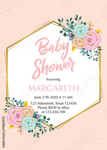 Geometry peach gold baby shower invitation card with flower, leaf and gold frame