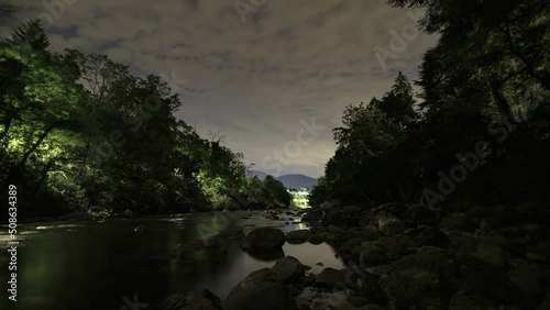 River Cannobino at low angel at night with rocks, stars and clouds time lapse photo