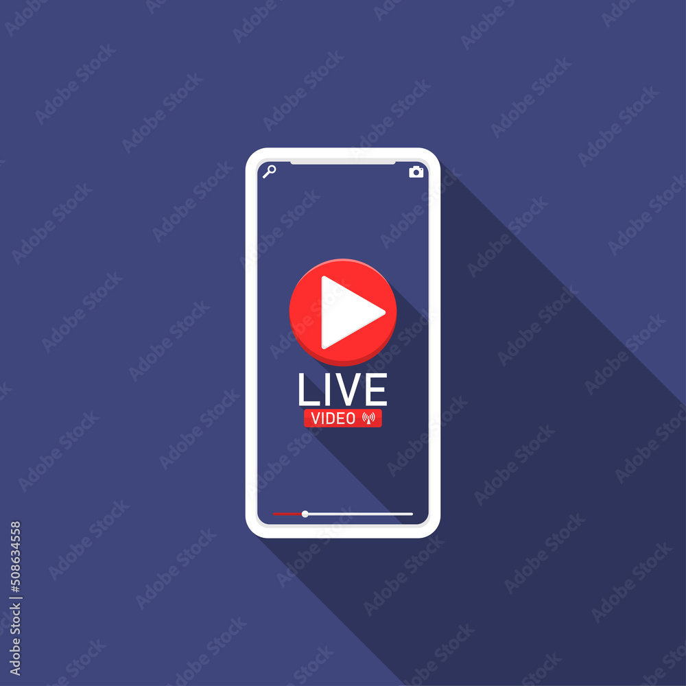 Flat long shadow design, Live video on smartphone, Marketing illustration online.