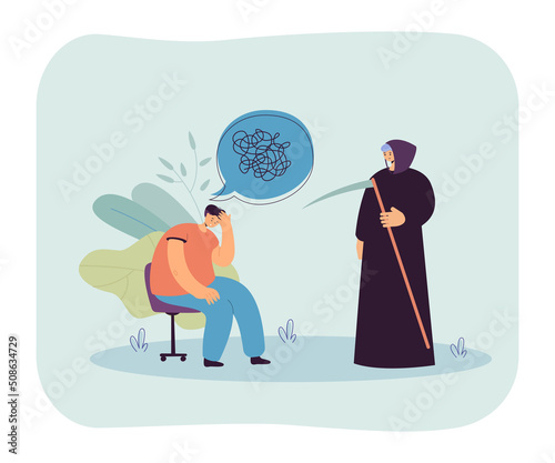 Man in costume of death standing next to confused person. Male character with paranoia or fear of death flat vector illustration. Death, time, life concept for banner, website design or landing page