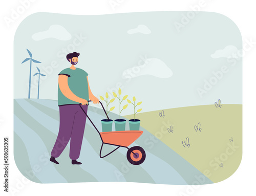 Happy farmer or gardener with potted plants in cart. Landscape with green field and wind turbines flat vector illustration. Ecology, gardening, agriculture, growth, environment concept for banner