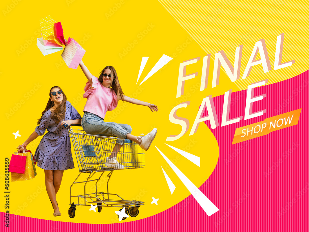 Obraz premium Creative poster, flyer with two happy girls with shopping bags ride on shop cart isolated on colorful abstract background. Concept of sales, black friday, discount, emotions