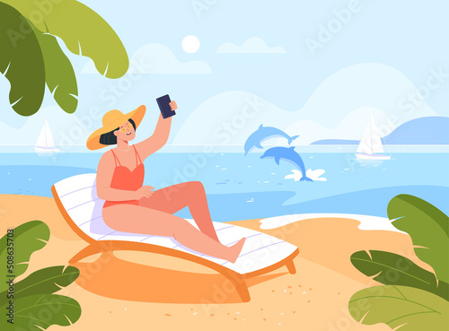 Young cartoon woman sunbathing and taking selfie on beach. Beautiful girl taking photo with mobile phone at sea flat vector illustration. Summer, vacation, seasons concept for banner or landing page