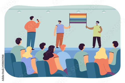 LGBT activists holding rainbow flag together at conference. Journalist asking questions about gay or lesbian rights flat vector illustration. LGBT community, support concept for banner, website design