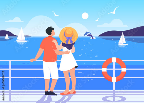 Back view of couple on deck of cruise ship. Man and woman sailing on boat, romantic seascape flat vector illustration. Vacation, romance, leisure concept for banner, website design or landing web page