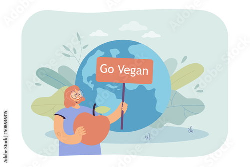 Happy woman with big apple and go vegan sign. Girl with placard promoting veganism flat vector illustration. Healthy lifestyle, ecology, environment concept for banner, website design or landing page