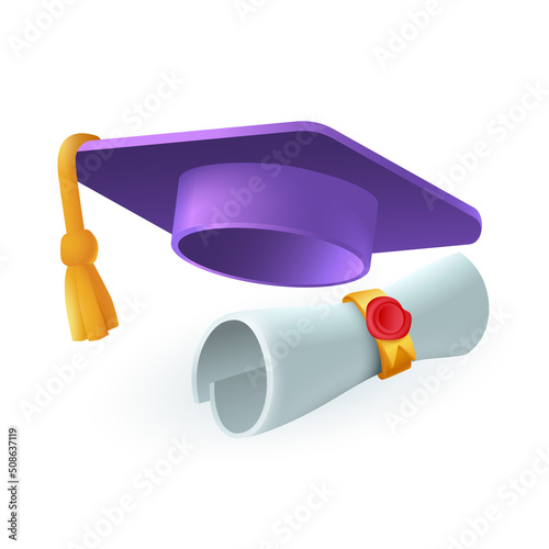 Graduation cap and diploma with seal 3D icon. Hat with tassel, paper scroll with badge 3D vector illustration on white background. Education, graduation, success concept
