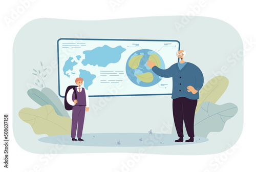 Elderly geography or ecology teacher and student with map. Senior explaining recycling to boy flat vector illustration. Education, geography, ecology concept for banner, website design or landing page