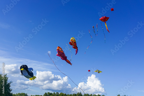 Kites against blue sky at a kite festival on summer day
