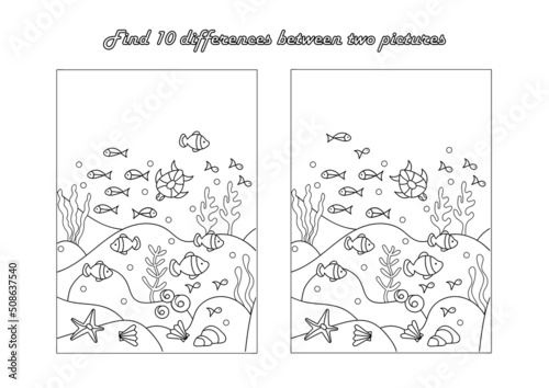 Find 10 differences. Educational game for children. Coloring book page. Underwater sea world. Cartoon vector illustration