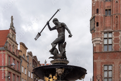 Neptune fountain in Gdansk, Pomerania, Poland. Sculpture in Old Town. Gdansk historical city landmark.