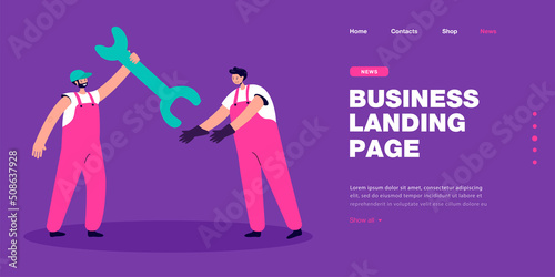 Cartoon technician giving huge wrench to colleague. Mechanics or repairmen in uniform sharing equipment flat vector illustration. Maintenance service concept for banner, website design or landing page