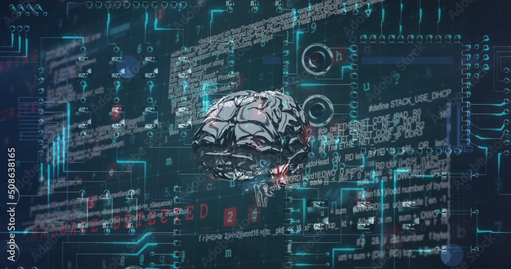 Image of human brain, data processing and circuit board