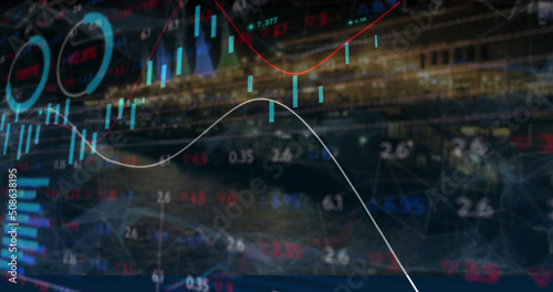 Image of financial data and graphs over cityscape