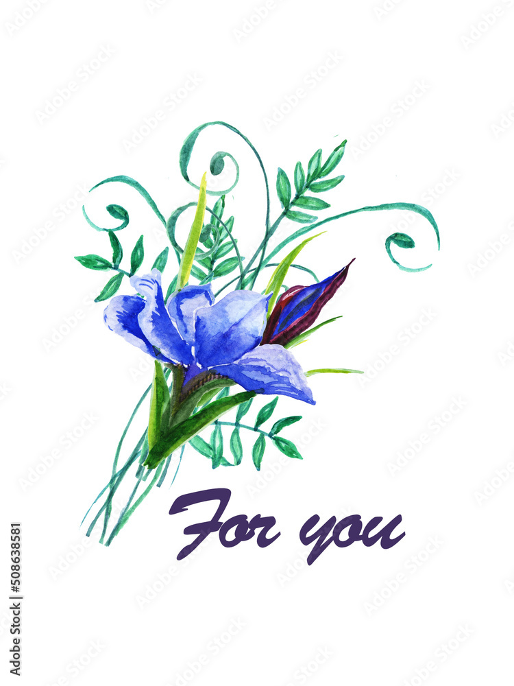 Watercolor prints of bouquets of iris flowers with the inscription, the petals are blue violet shades with green stems.Suitable for the design of greeting cards,invitations,wedding and baby showers.