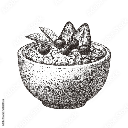 Granola in bowl with strawberries, blueberries, mint leaves. Oatmeal healthy breakfast, oat grain porridge. Cereal food, muesli flakes. Vector sketch.