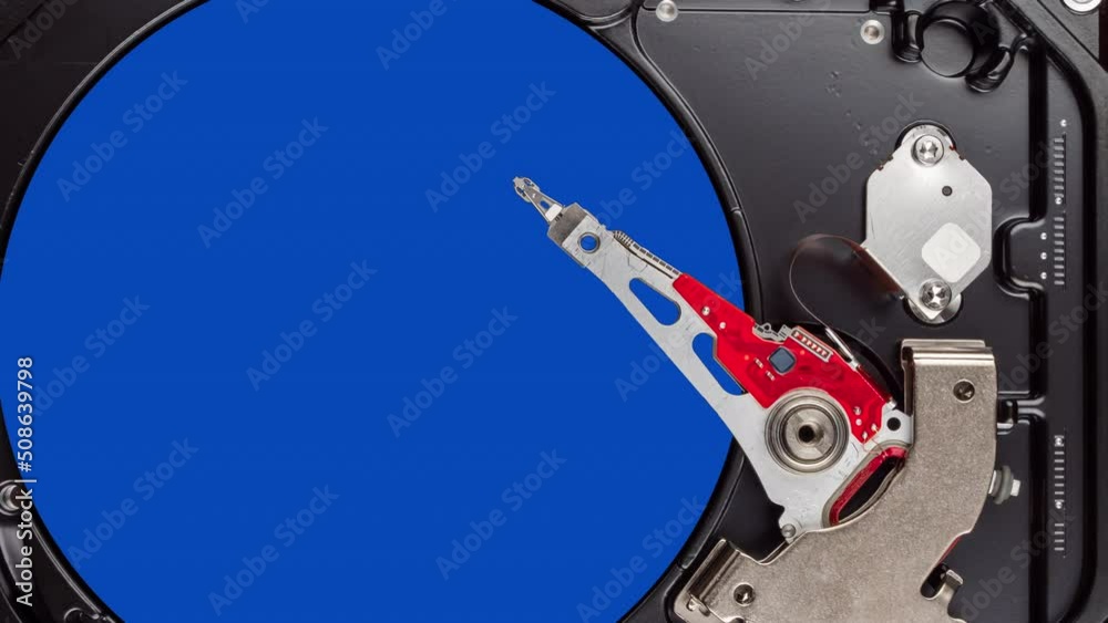 Open hard disk drive platter chroma key. Moving HDD read-write head ...